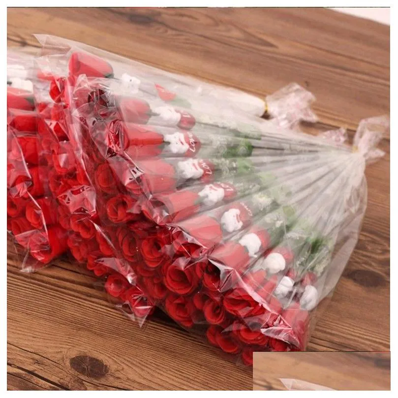 30 pieces/lot simulation rose flower single red roses cartoon bear with a heart-shaped sticker valentines day gift mothers day gift