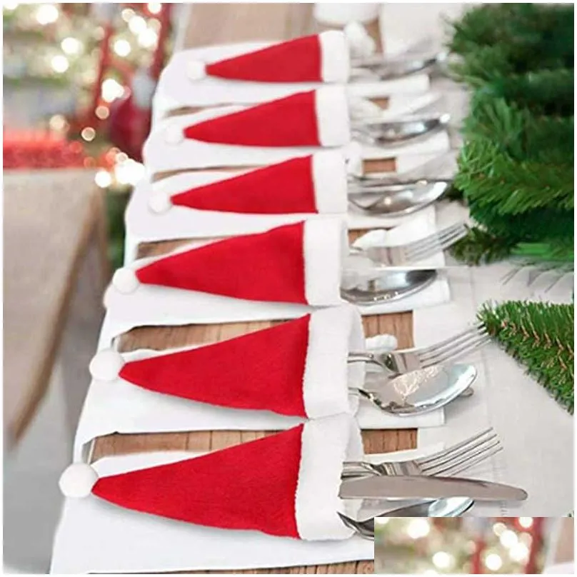  20pcs christmas hat christmas decoration tableware holder bag tableware fork knife cutlery bag xmas year home decor ornament