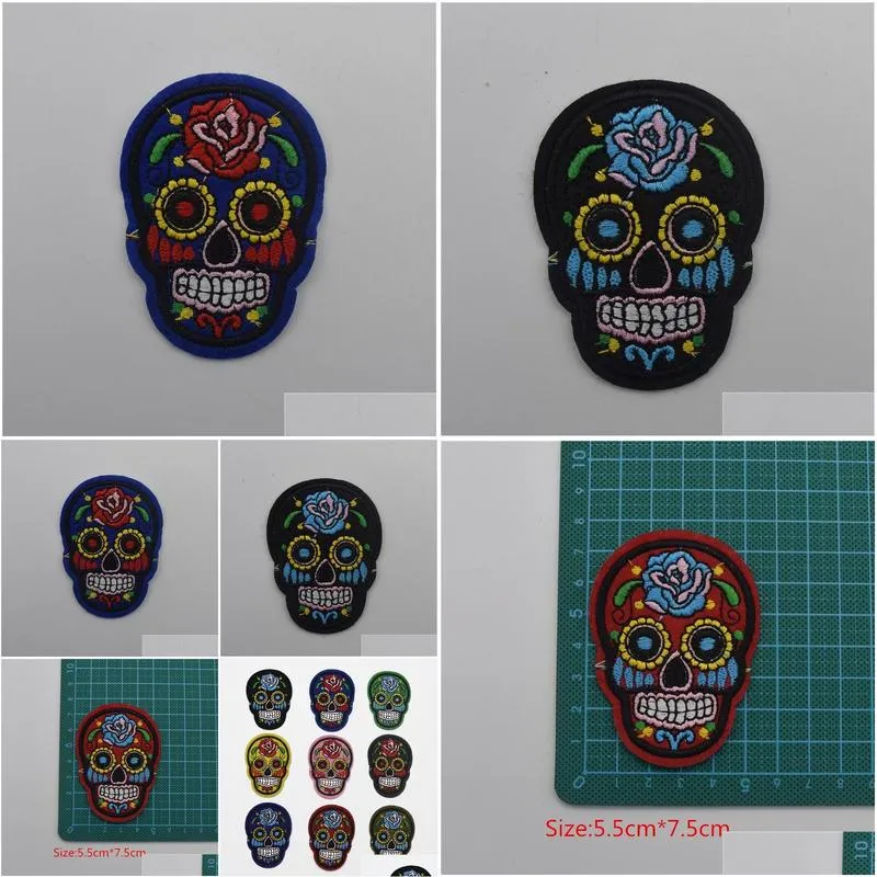 90pcs/lot skull rose embroidered applique iron on design diy sew iron on badge
