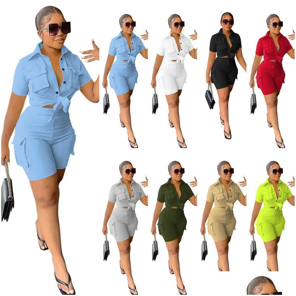 2023 new summer designer women tracksuits 2 piece set outfits y solid color short sleeve shirt and shorts matching suits