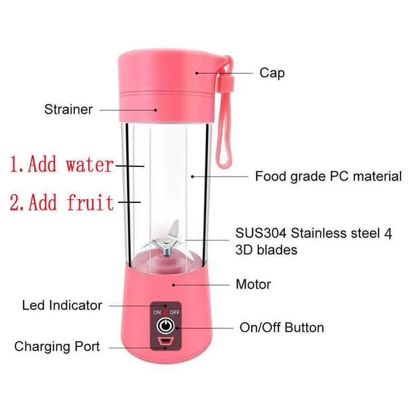 380ml 6 blade portable blender mini juicer electric bottle usb charging mixer juice smoothie maker cup bottle a travel kitchen