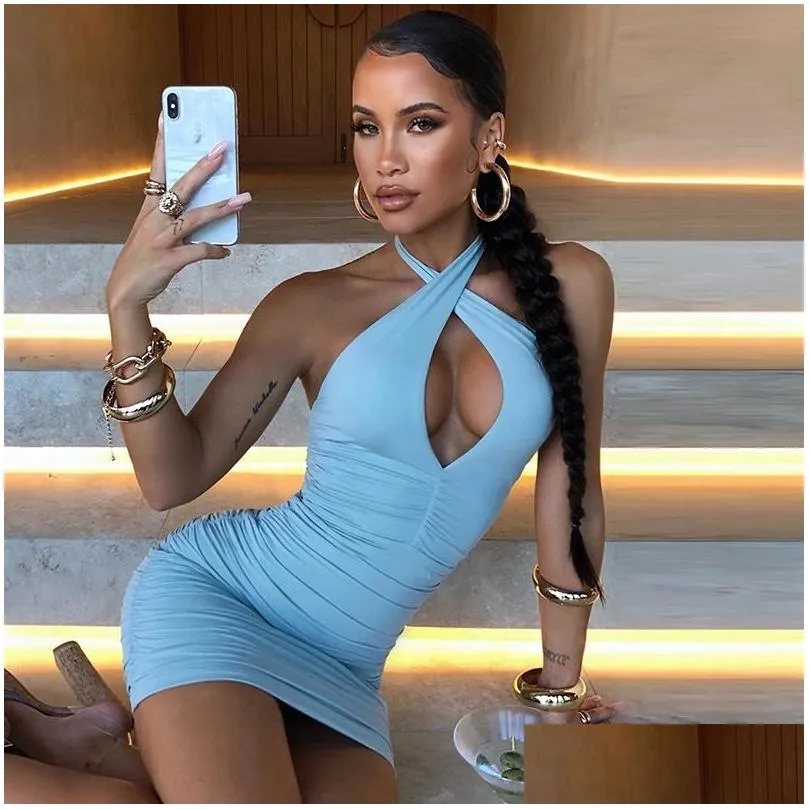 womens sheath dress short mini dress white brown light blue sleeveless pure color backless hollow out spring summer halter neck stylish y