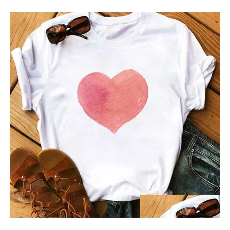 heart flower print womens t-shirt casual basis o-collar white shirt short sleeve t-shirt love graphic printing