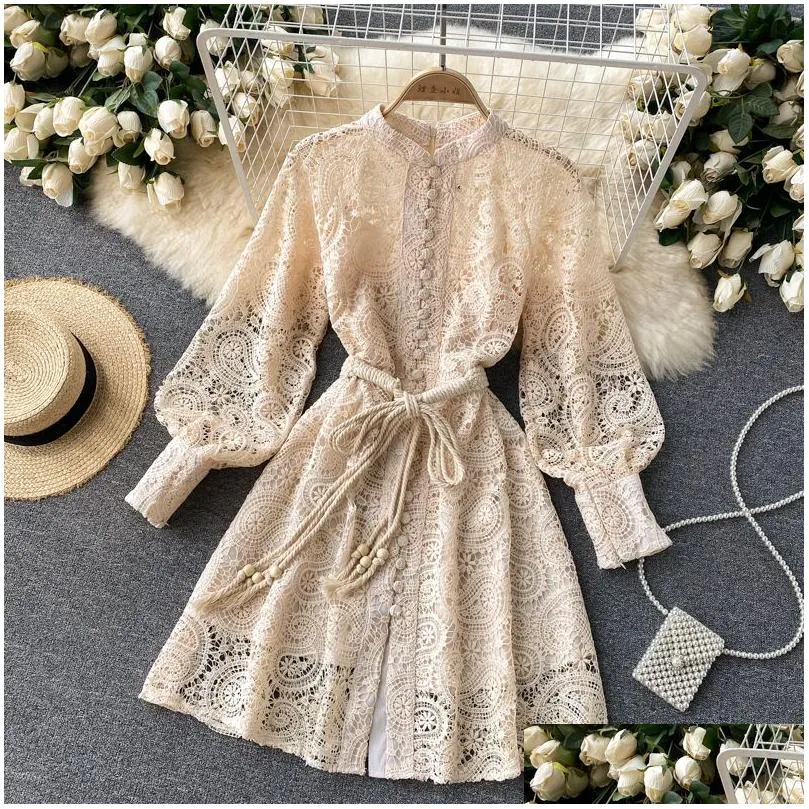 runway designer vintage mini dress hollow out embroidery stand collar lantern sleeve bow sashes lace up party dress 2023