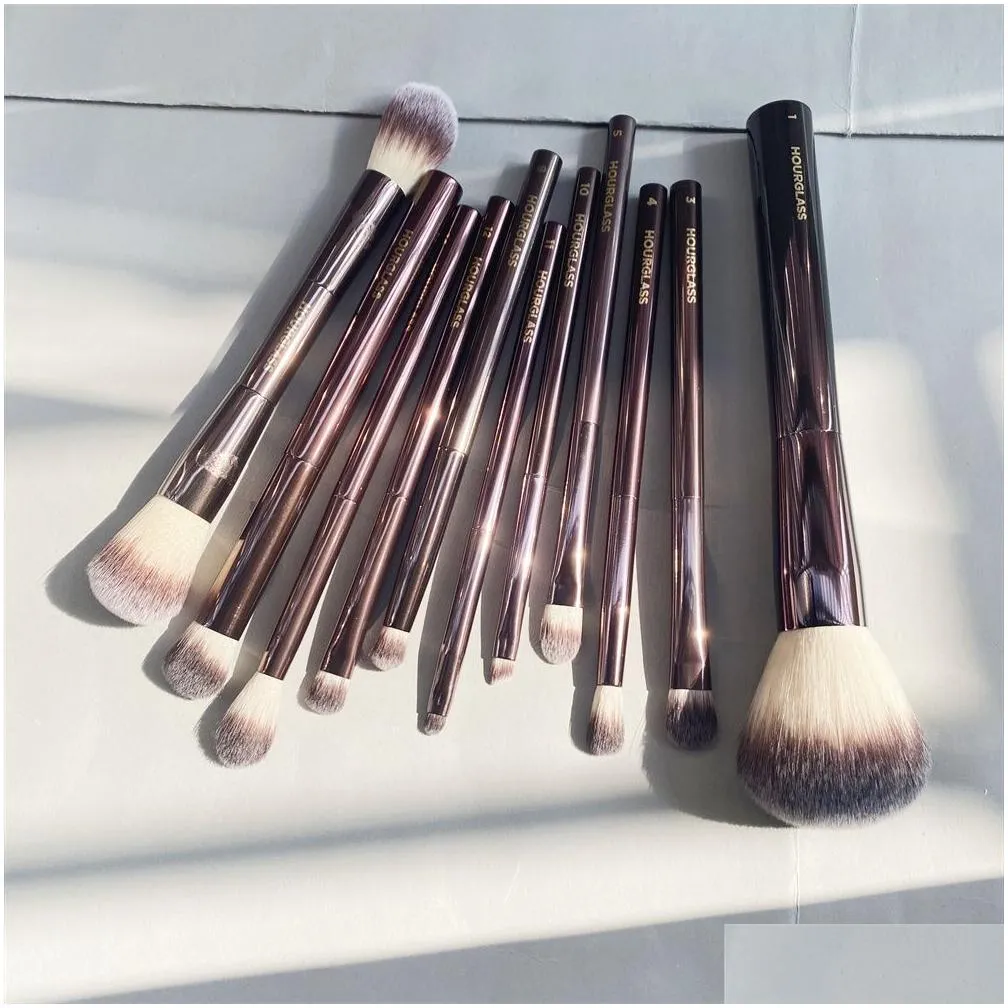 hourglass makeup brushes set - 10pcs powder blush eye shadow crease concealer brow liner smudger dark-bronze metal handle cosmetics blending