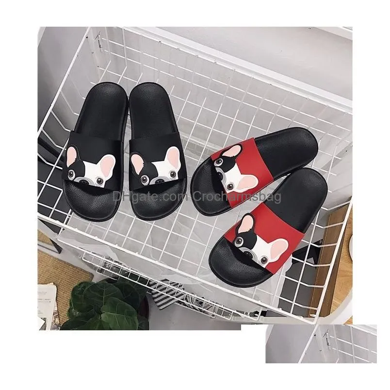 cute dog cartoon women slides fashion pu leather beach shoes women flat heels flip flops barefoot slippers zapatillas mujer