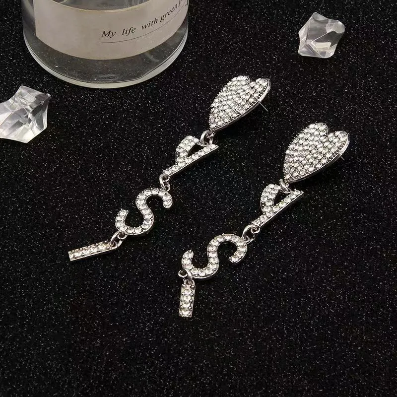Designer earrings luxury romantic full of diamonds love earrings ladies letters exaggerated temperament attractive long earrings