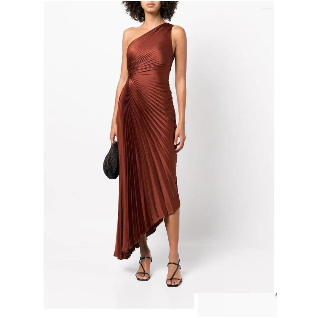 casual dresses with label alc summer/autumn women dress polyester asymmetry one-shoulder brown hole ankle-length vintage high waist