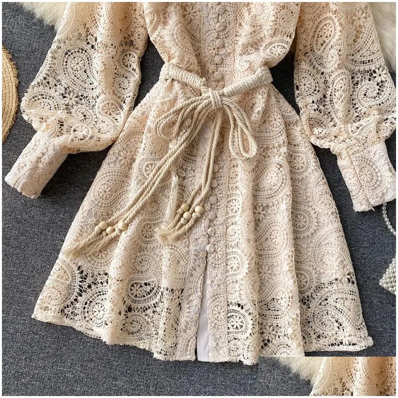 runway designer vintage mini dress hollow out embroidery stand collar lantern sleeve bow sashes lace up party dress 2023