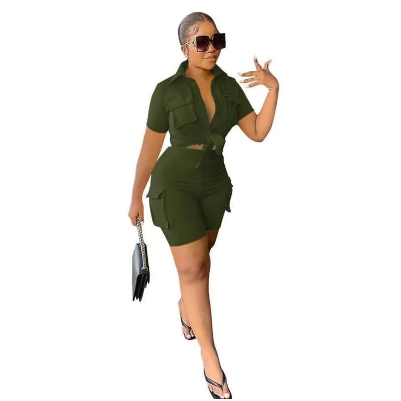 2023 new summer designer women tracksuits 2 piece set outfits y solid color short sleeve shirt and shorts matching suits