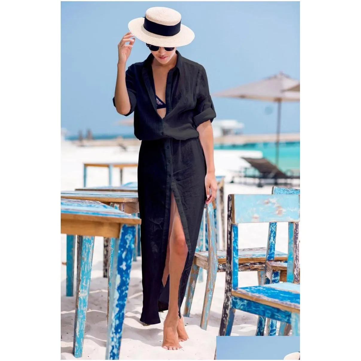 beach pareo crepe ultra-thin breathable cover up shirt holiday skirt long dress sun block blouse womens swimwear