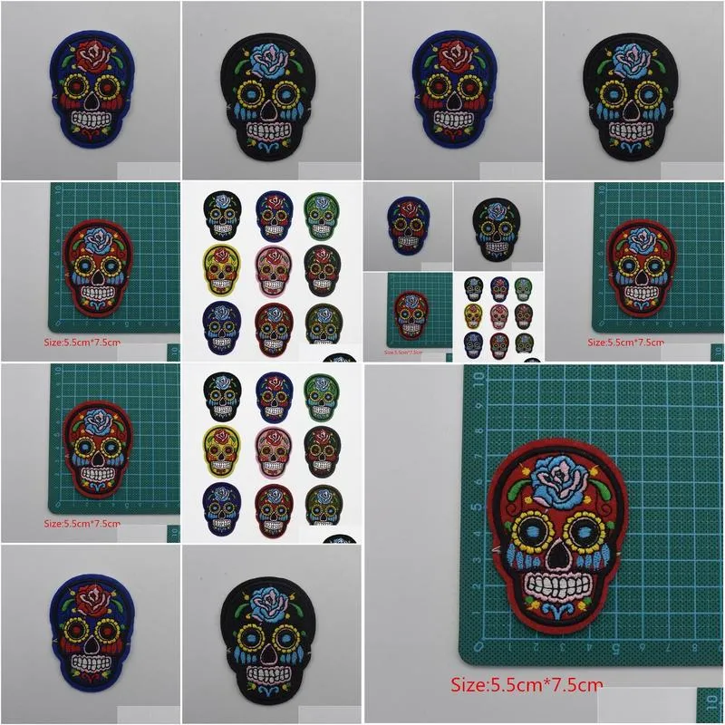 90pcs/lot skull rose embroidered applique iron on design diy sew iron on badge