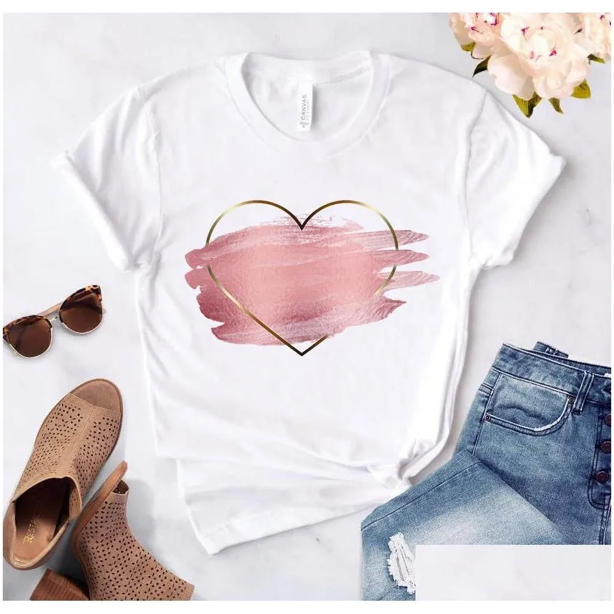 heart flower print womens t-shirt casual basis o-collar white shirt short sleeve t-shirt love graphic printing