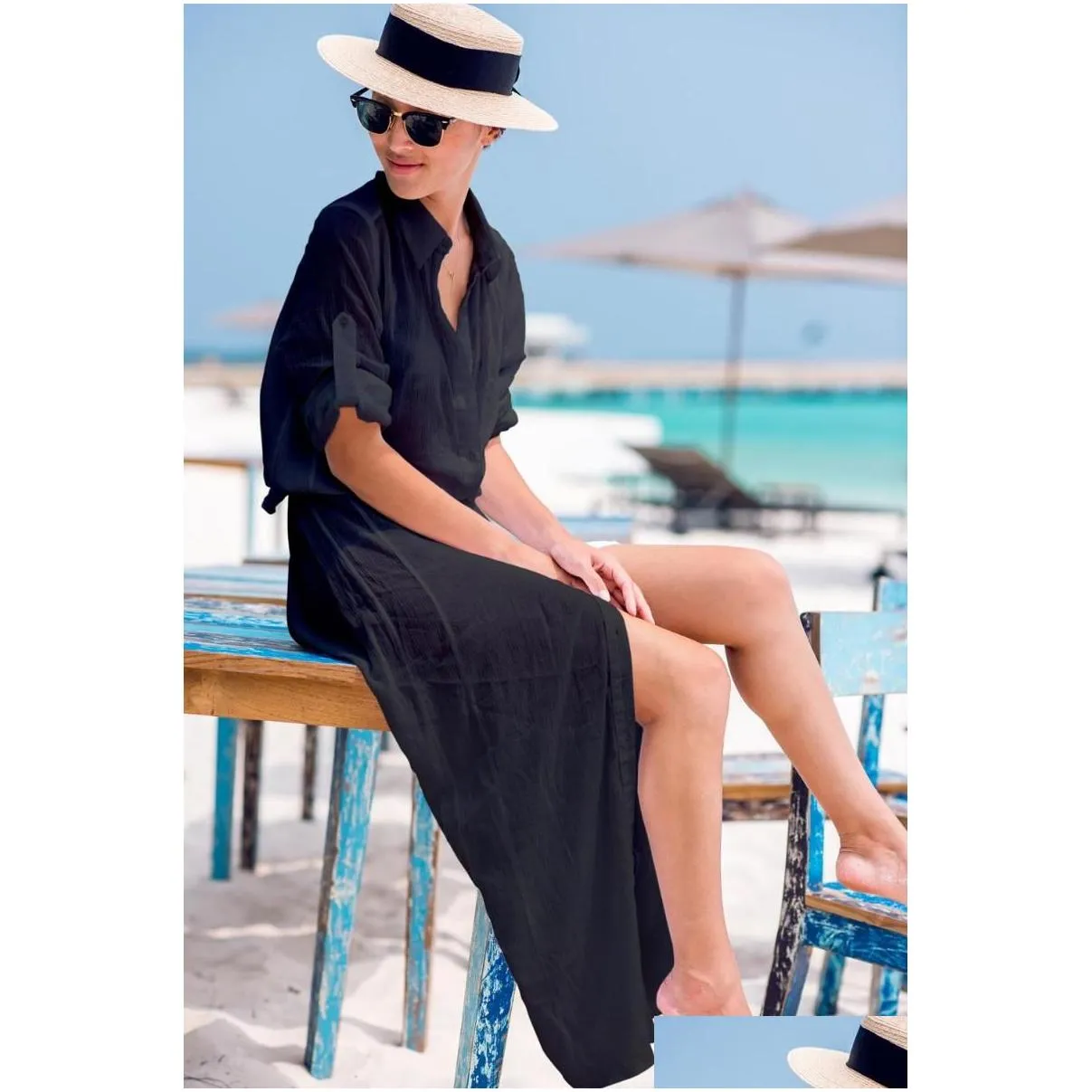 beach pareo crepe ultra-thin breathable cover up shirt holiday skirt long dress sun block blouse womens swimwear