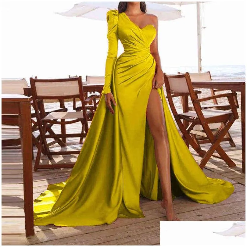 prom wedding party dresses women evening elegant y one shoulder backless satin pleated side split loose long maxi dress 2022