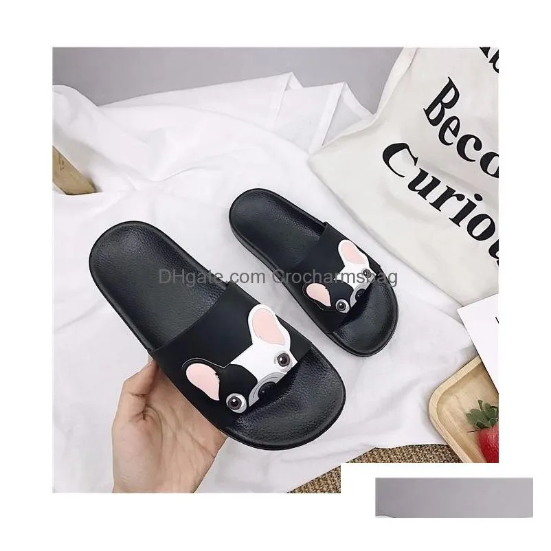 cute dog cartoon women slides fashion pu leather beach shoes women flat heels flip flops barefoot slippers zapatillas mujer