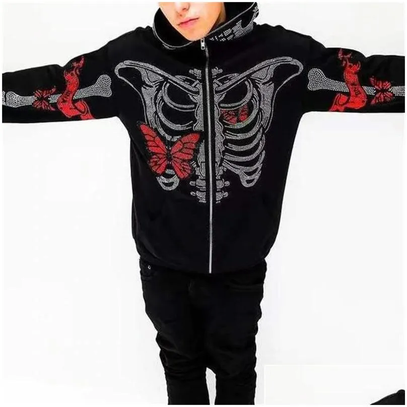 mens hoodies sweatshirts zip hoodie men y2k clothes fashion goth rhinestones butterfly skeleton print long sleeve sweatshirt 3xl 4xl