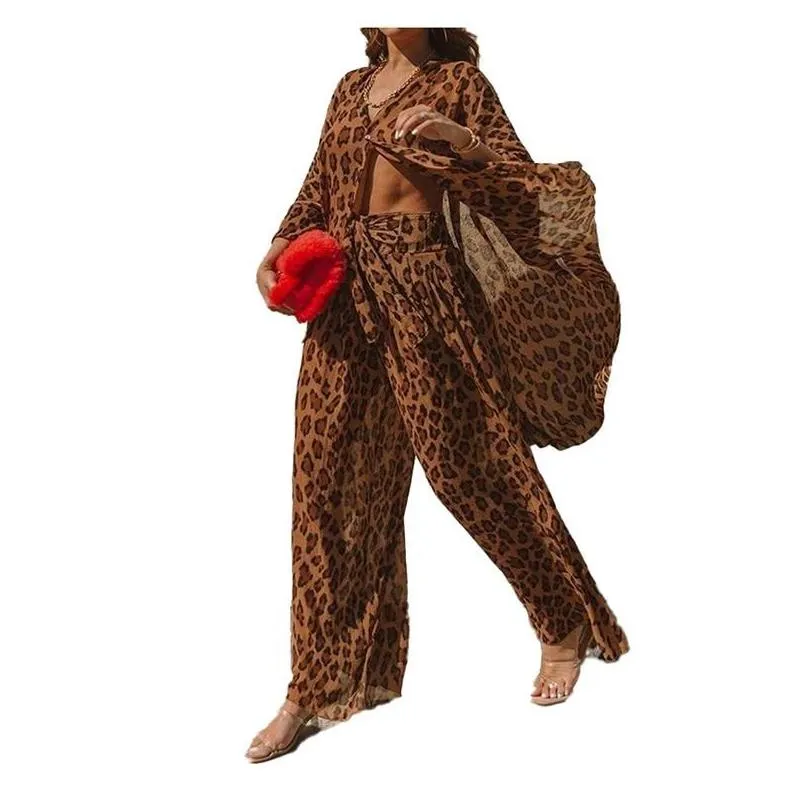womens two piece pants elegant women leopard print 2 sets 2022 summer shirt add wide leg suits ladies fashion long sleeve outfits