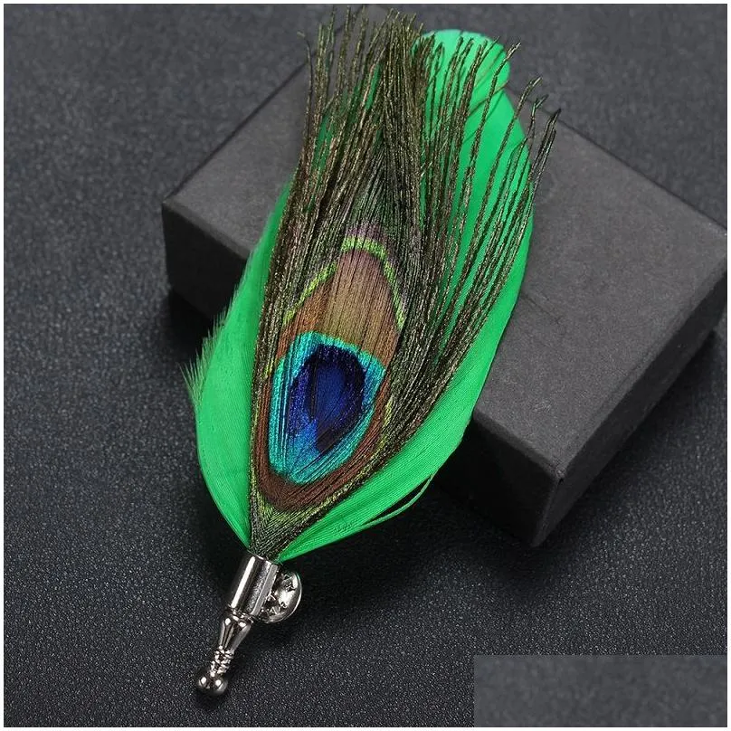 5 Colors 8.8x3.8cm Mens Chic Handmade Peacock Pheasant Feather Hat Lapel Pin Brooch Accessories Wedding Lapel Pin for Men Suit Jewelry
