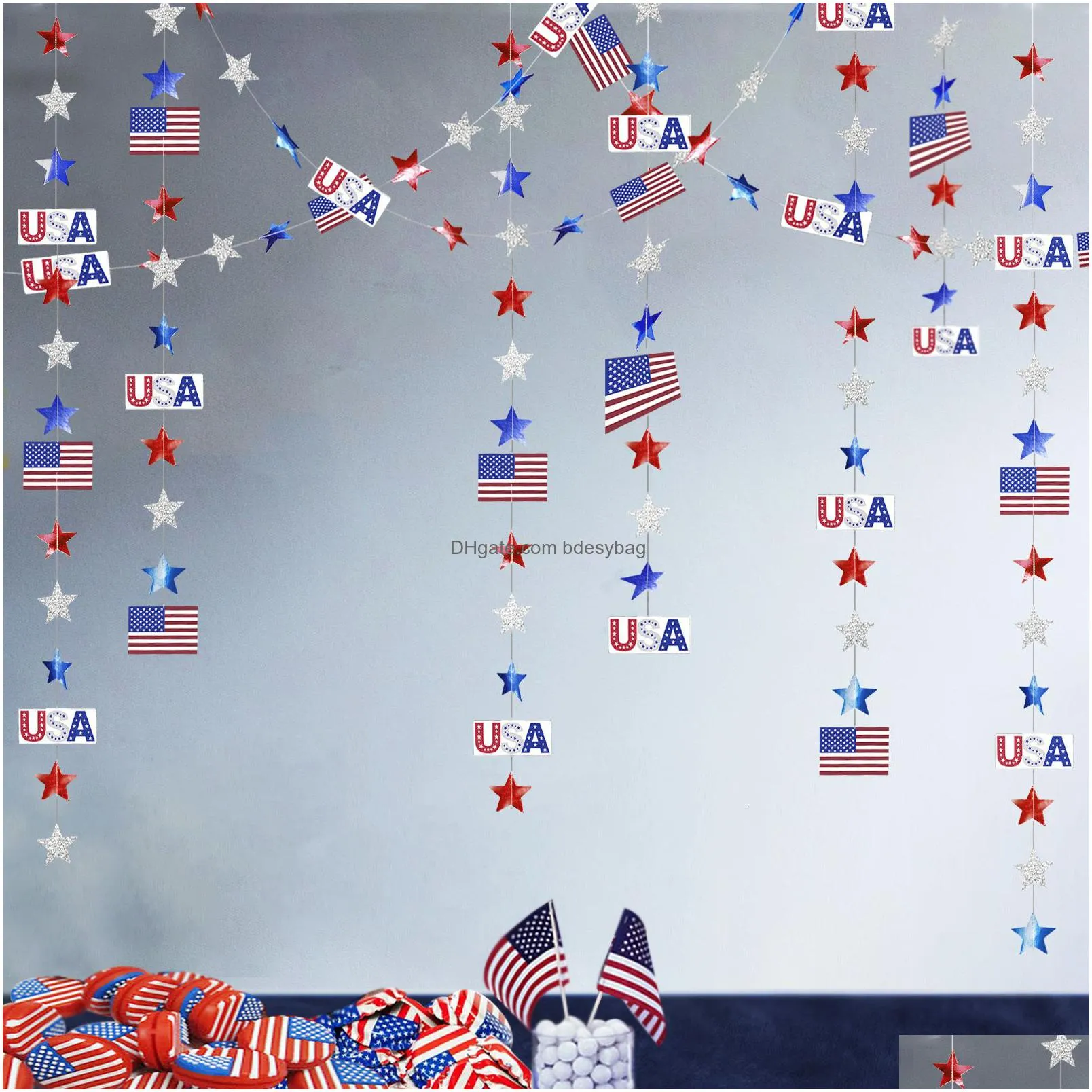 banner flags 4th of july red white blue usa themed party paper star streamers patriotic glitter garland string chain hanging decorations