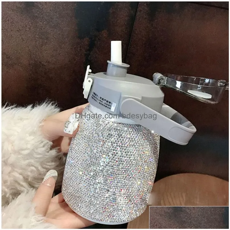 water bottles stainless steel thermos cup large capacity straw cute strap kettle shiny crystal hand held kawaii bottle gift 230104