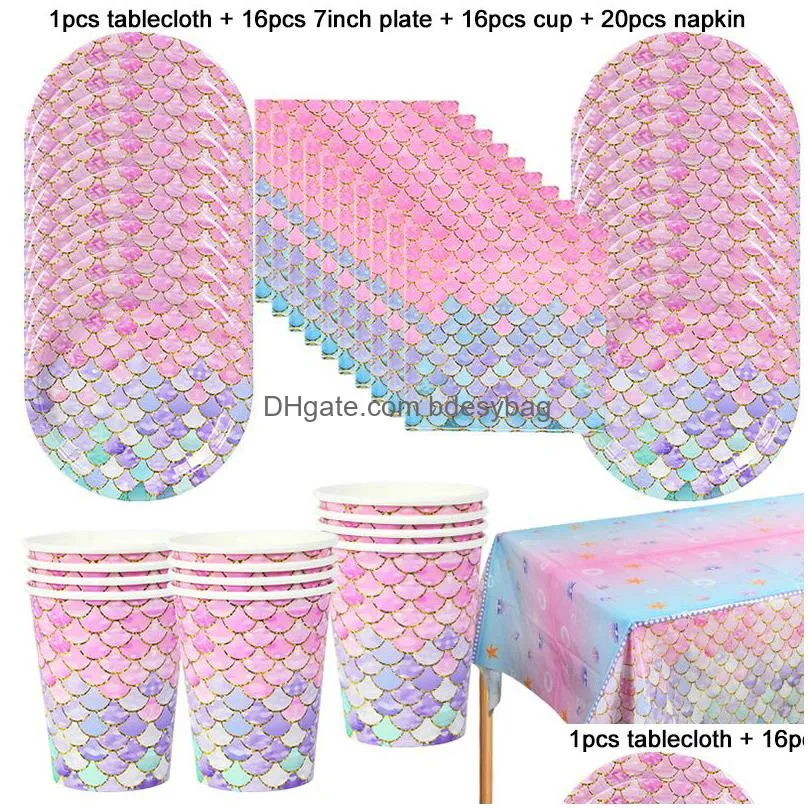 disposable dinnerware 53pcs set little mermaid party tableware paper plate cup napkin tablecloth kids birthday decoration supplies