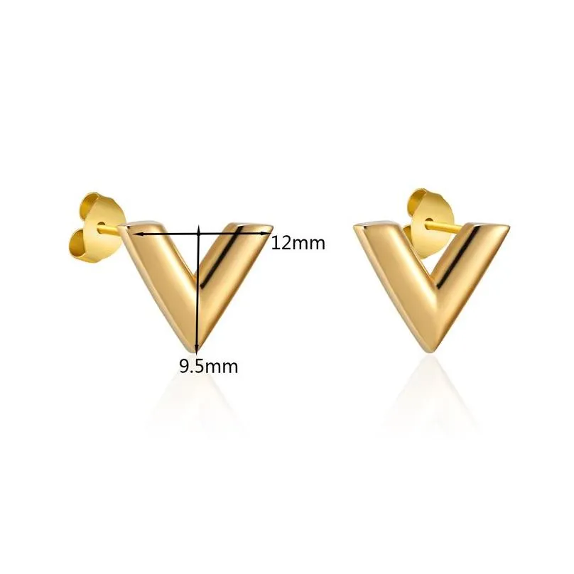 brand stud luxury jewelry simple design v letter earrings for women stainless steel gold color elegant party earrings wedding