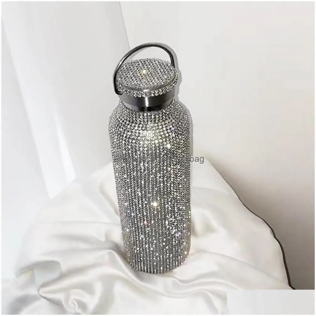 water bottles 350ml 500ml 750ml diamond thermos insulated vacuum cup stainless steel flask drinking kettle 230104