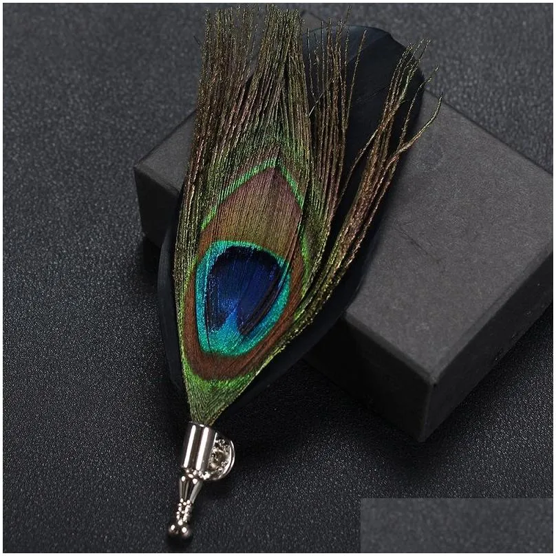 5 Colors 8.8x3.8cm Mens Chic Handmade Peacock Pheasant Feather Hat Lapel Pin Brooch Accessories Wedding Lapel Pin for Men Suit Jewelry