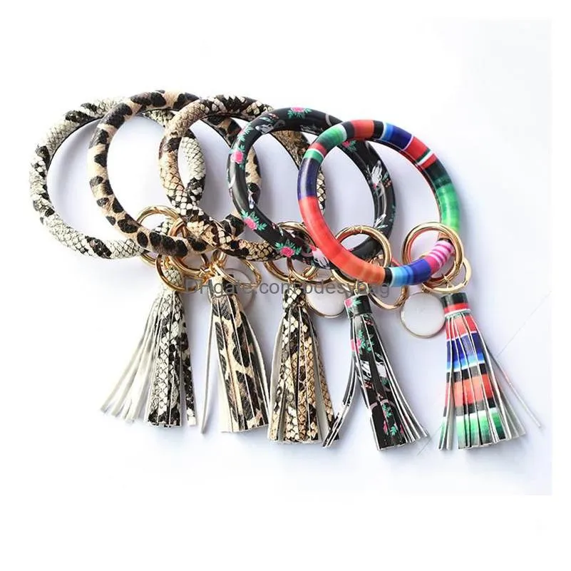 women tassels bracelets pu leather party wrap key ring party leopard lily print key chain wristband sunflower drip oil circle bangle wristlet keyring for