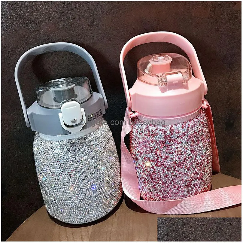 water bottles stainless steel thermos cup large capacity straw cute strap kettle shiny crystal hand held kawaii bottle gift 230104