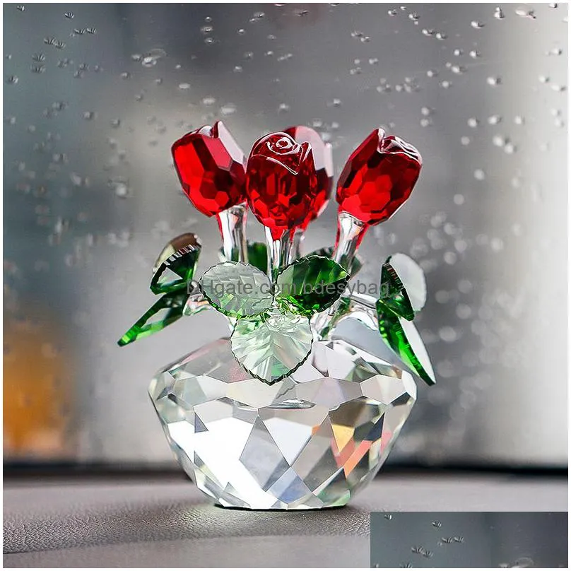 h d crystal red rose flower figurine spring bouquet sculpture glass dreams ornament home wedding decor collectible gift souvenir