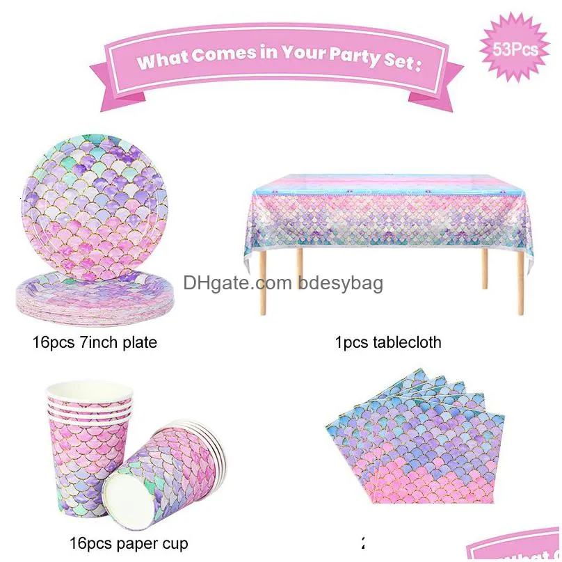 disposable dinnerware 53pcs set little mermaid party tableware paper plate cup napkin tablecloth kids birthday decoration supplies