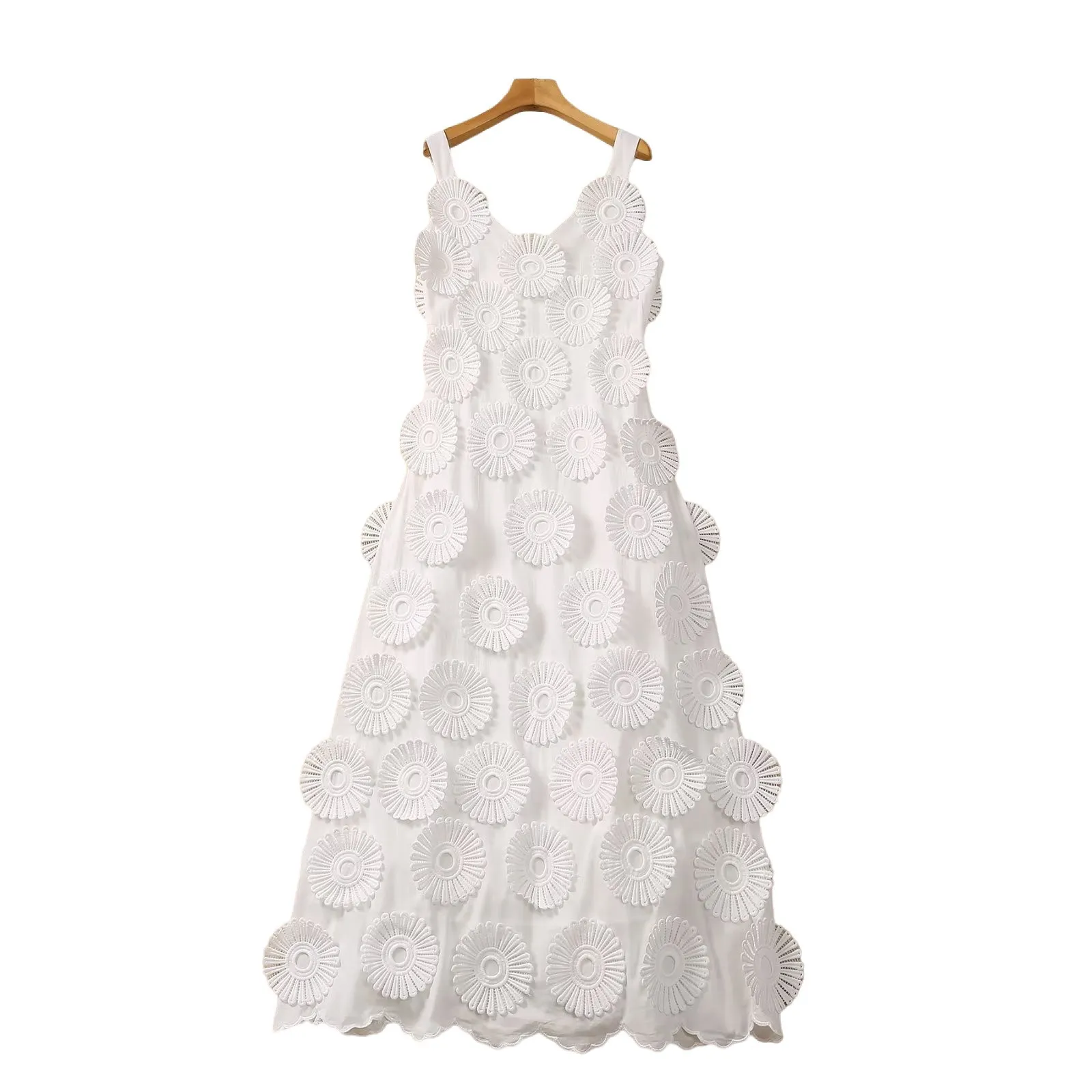 2023 Autumn White 3D Flowers Solid Color Panelled Dress Spaghetti Strap V-Neck Long Maxi Casual Dresses S3Q270726 Plus Size XXL