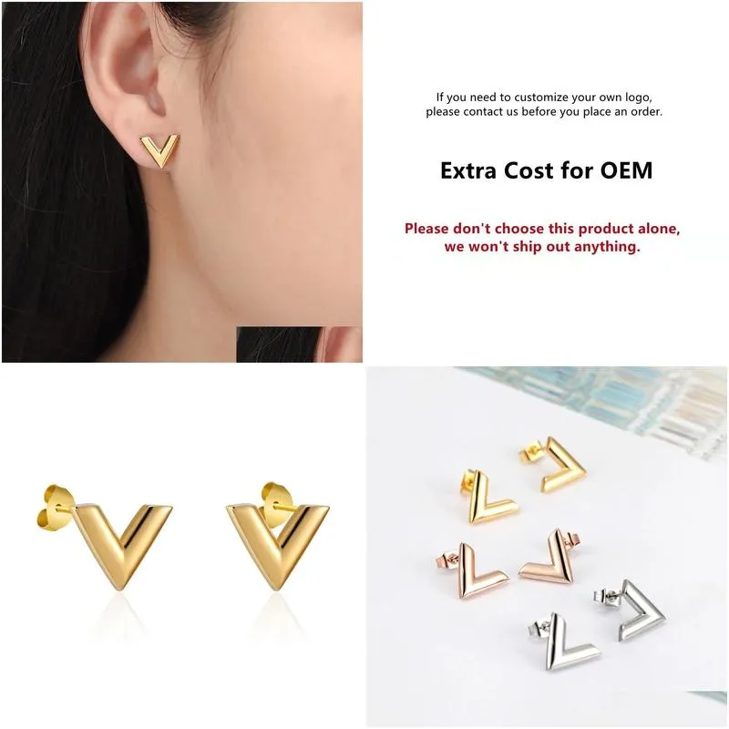 brand stud luxury jewelry simple design v letter earrings for women stainless steel gold color elegant party earrings wedding