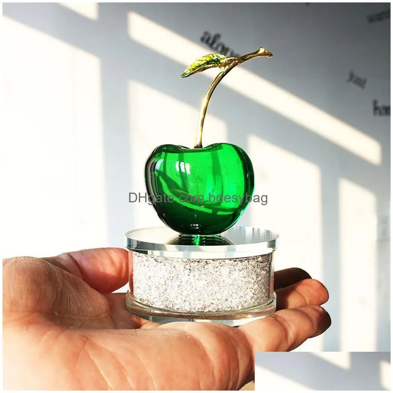 h d crystal fruit green cherry shape figurine art glass ornament with rhinestones base souvenir gifts home wedding decor favors