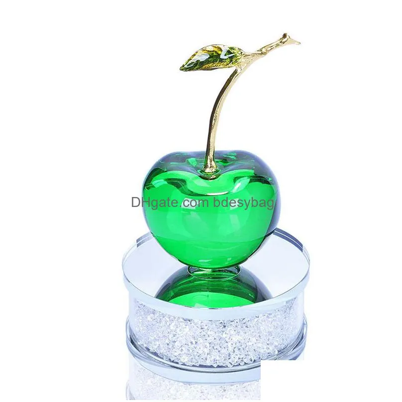 h d crystal fruit green cherry shape figurine art glass ornament with rhinestones base souvenir gifts home wedding decor favors