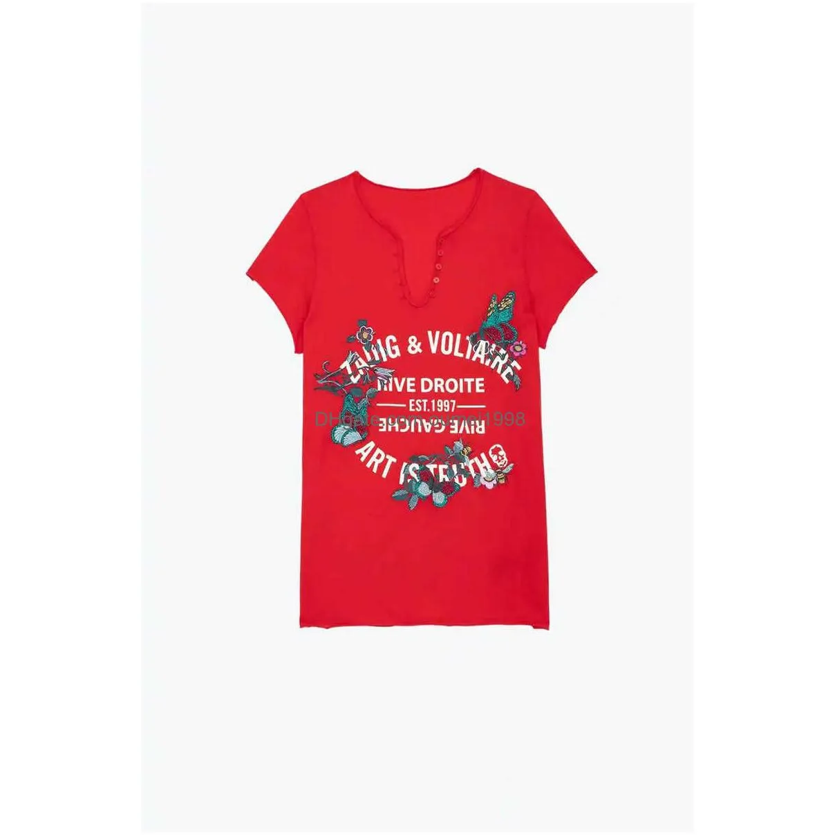 2023ss Zv Classic Letter Print Tees Flower Embroidery Zadig Tshirt u Neck Short Sleeve T-shirt Women Designer Tops Polo