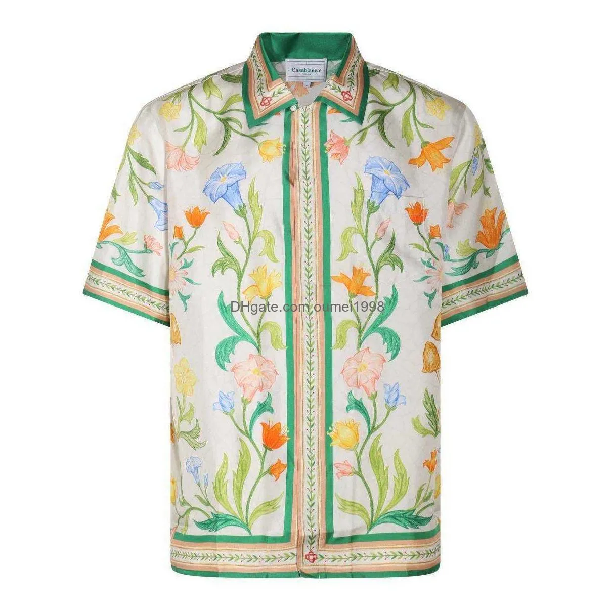 CASABLANCA 23ss Green Plants Floral Flowers Shirts Unisex Designer White Twill Silk Short Sleeve Shirt