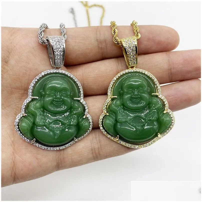 18k gold plated finish green jade lab simulated diamonds laughing buddha iced out pendant necklace cz jewelry