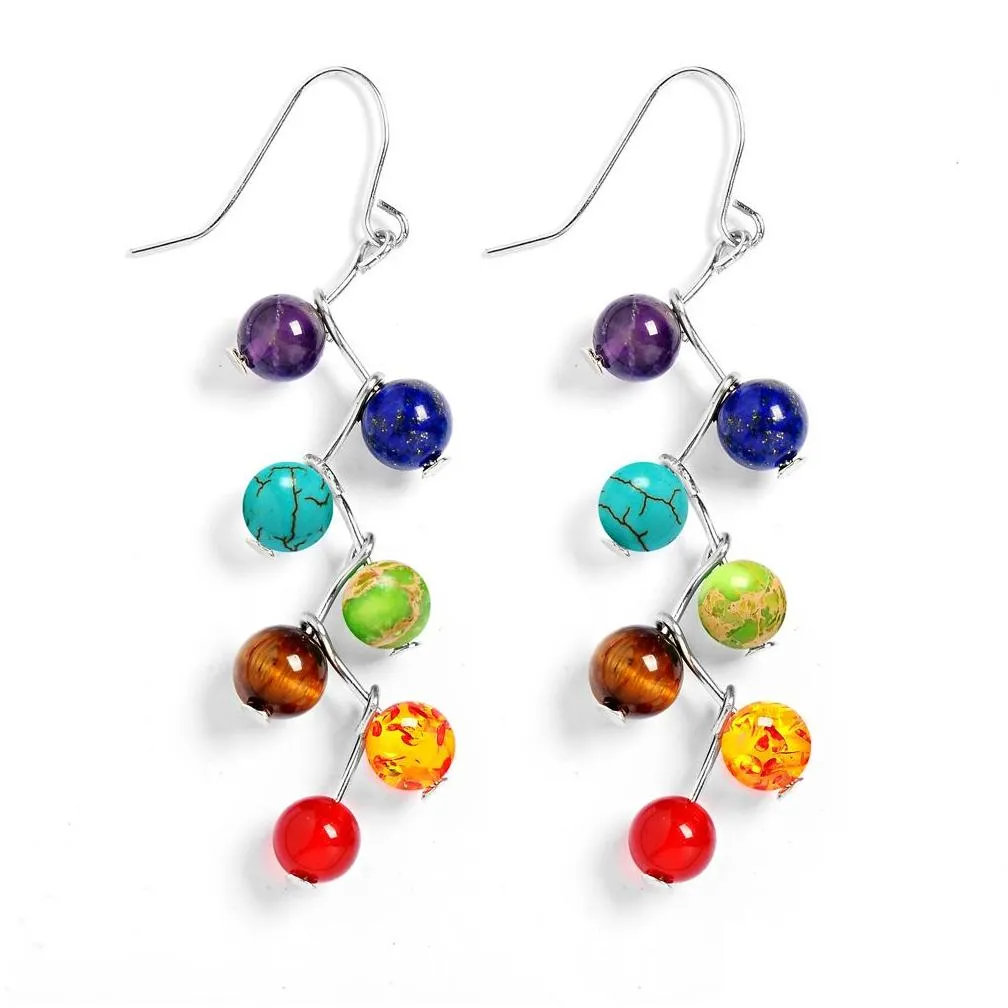 fashion healing chakra 7 rainbow round natural stone for women vintage yoga bead jewelry long drop colorful dangle earrings boho