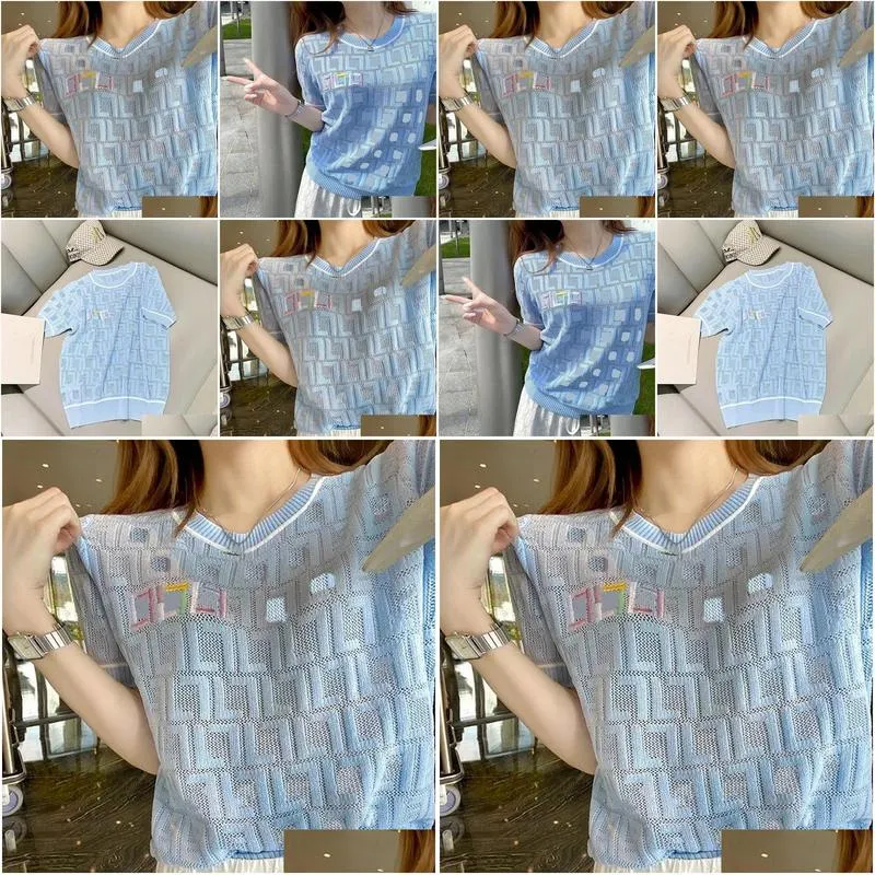 High Quality Designer Blue Hollow Out Knit Tee Fashion Full Letter F Summer Women`s T-Shirt Short Sleeve Tees