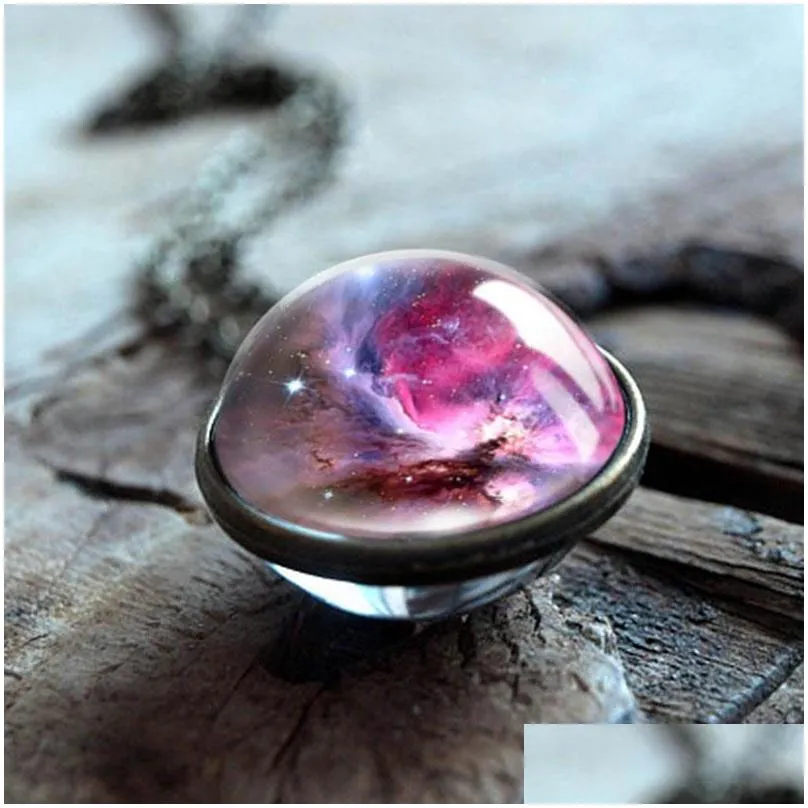 nebula galaxy double sided pendant necklaces for women mens glass art picture handmade statement universe planet jewelry in bulk