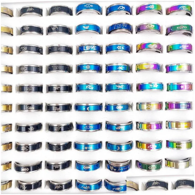 fashion 100pcs/lot stainless steel spinner ring turn the band charm mixed style worry anxiety decompression moon star love women men finger rings party jewelry