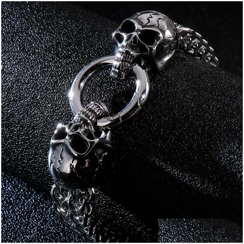 link chain gothic double skull man bracelet in stainless steel mens charm bracelets steampunk skeleton jewellery guests giftslink