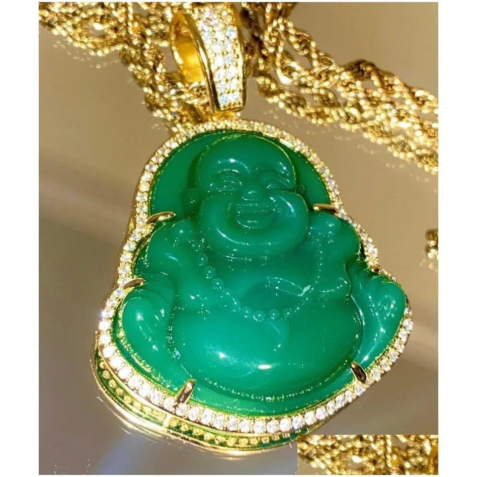 18k gold plated finish green jade lab simulated diamonds laughing buddha iced out pendant necklace cz jewelry