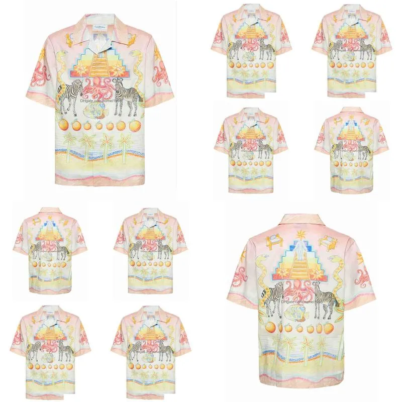 Casablanca 23ss Crayon Colored Shirts Designer Men Beach Shirt Unisex Twill Silk Short Sleeve Shirts Summer Polos Casablanc