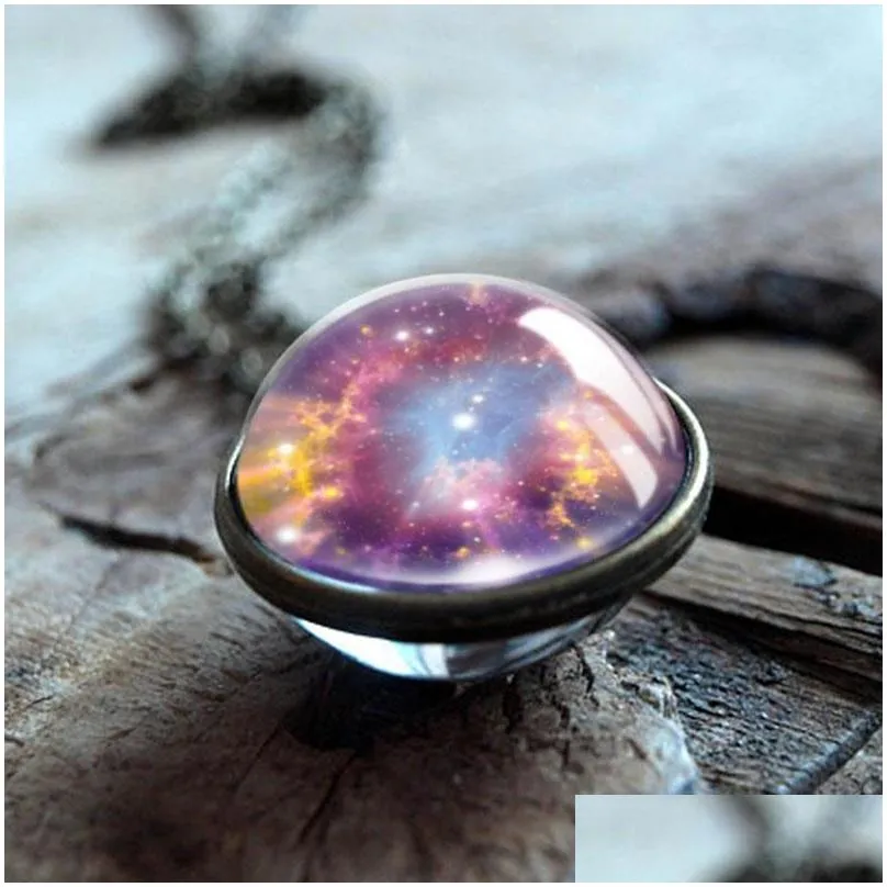 nebula galaxy double sided pendant necklaces for women mens glass art picture handmade statement universe planet jewelry in bulk