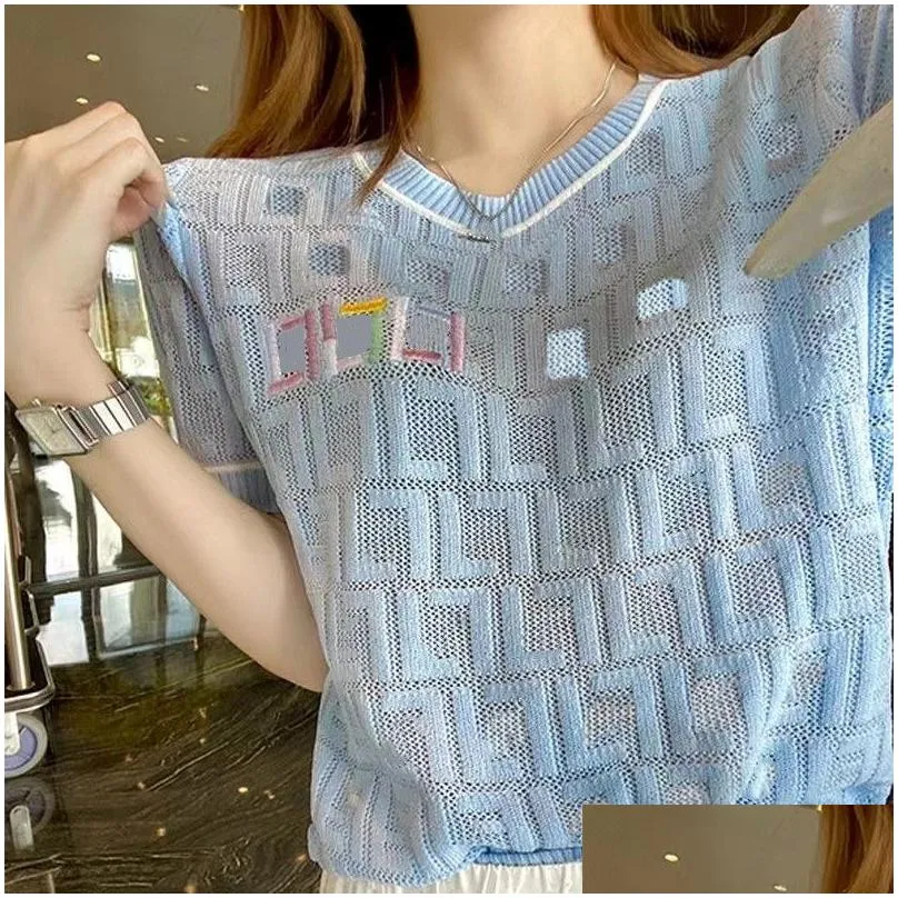 High Quality Designer Blue Hollow Out Knit Tee Fashion Full Letter F Summer Women`s T-Shirt Short Sleeve Tees