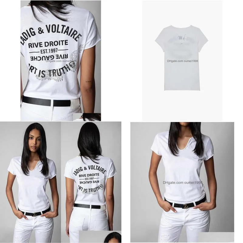 23ss Zv Classic Alphabet Print Tees Wings Hot Drilled U-neck Tshirt Designer Zadig Women Short Sleeve T-shirt Tops